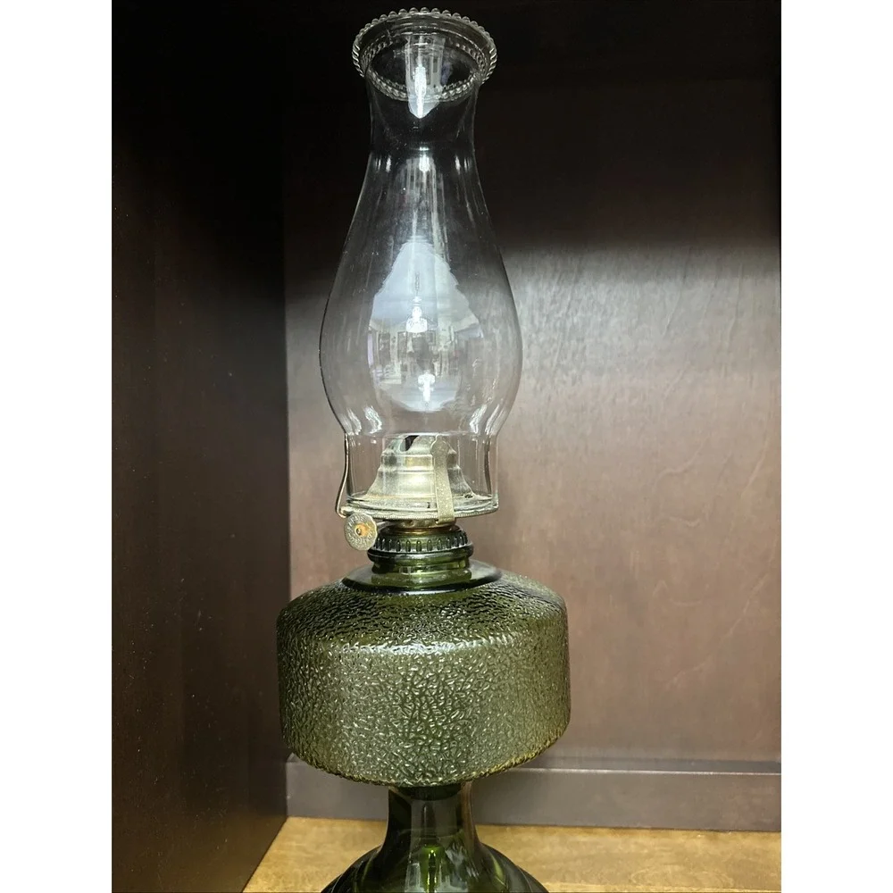 Vintage Green Glass Kerosene Oil Lamp & Chimney 18
